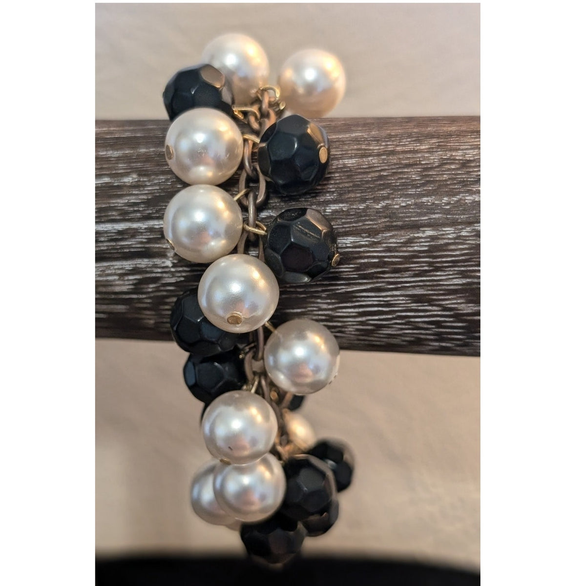 Vintage Black Faceted Acrylic & Faux Pearl Bead Cha-Cha Goldtone Bracelet