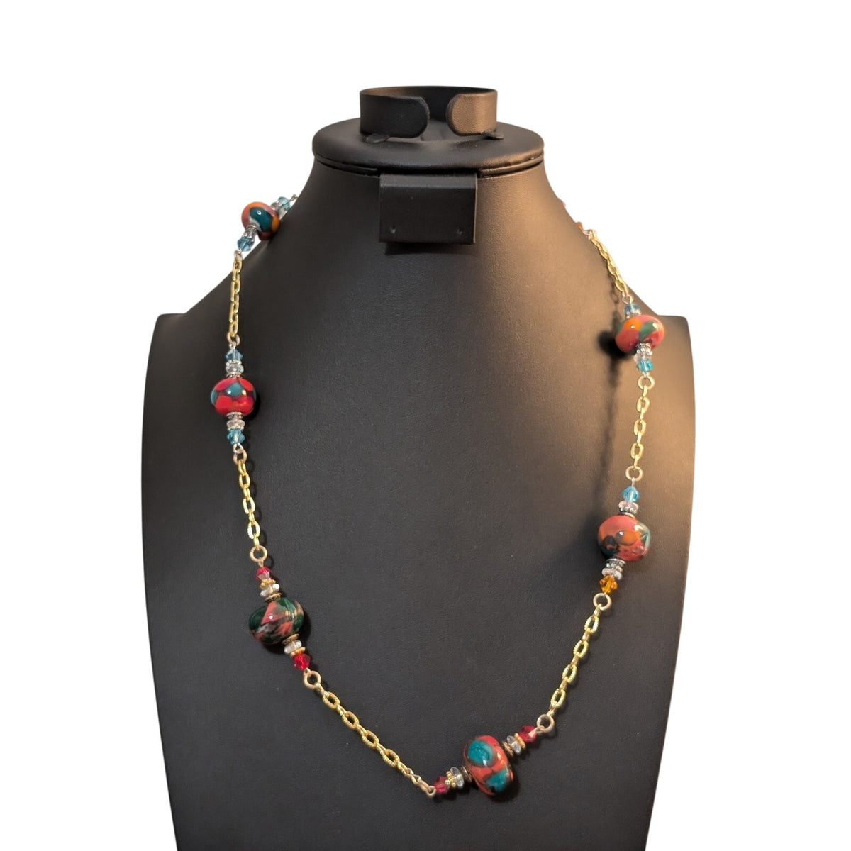 MURANO Glass Crystal Bead Gold Tone Chain Link Toggle Clasp Necklace
