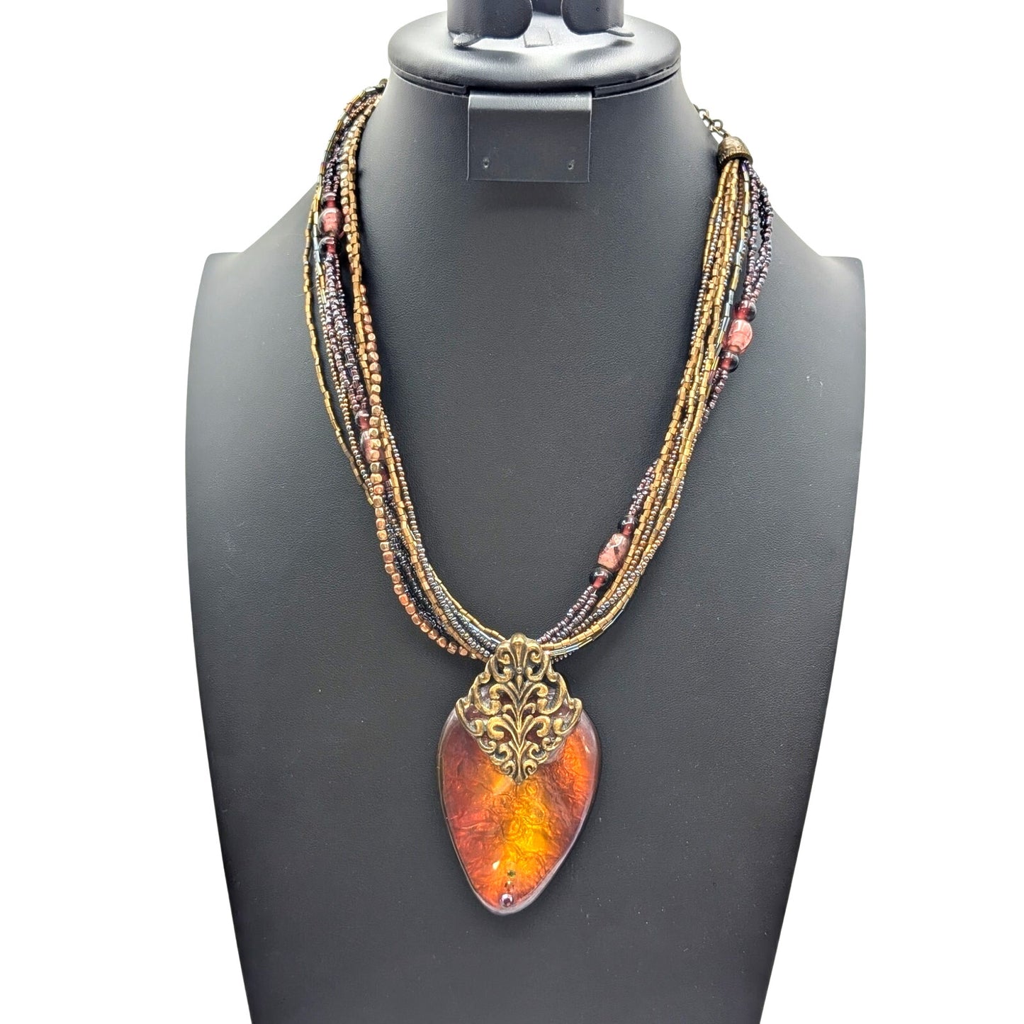 Chico's Multi-Strand Beaded Large Pendant Antiqued Gold Tone 18"-21.5" Necklace