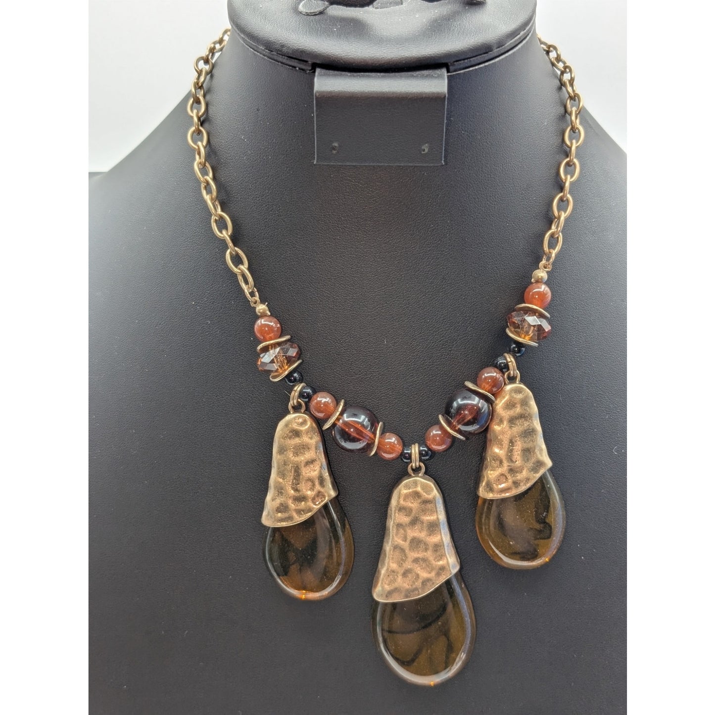 Gold Tone Three Large Amber Look Lucite Teardrop Dangles Beaded Chain Necklace