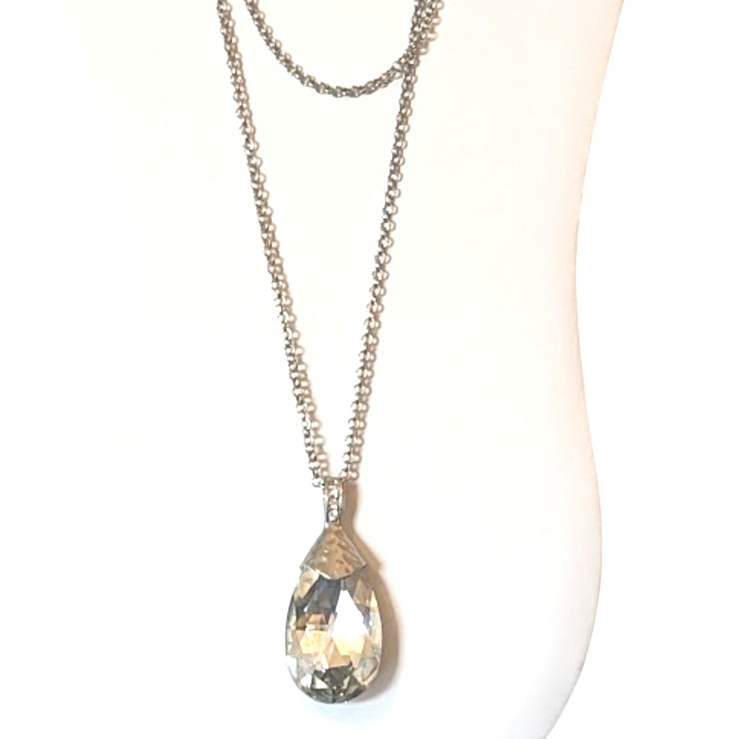 Long Silver Tone Role Chain with Huge Teardrop Faceted Crystal Pendant
