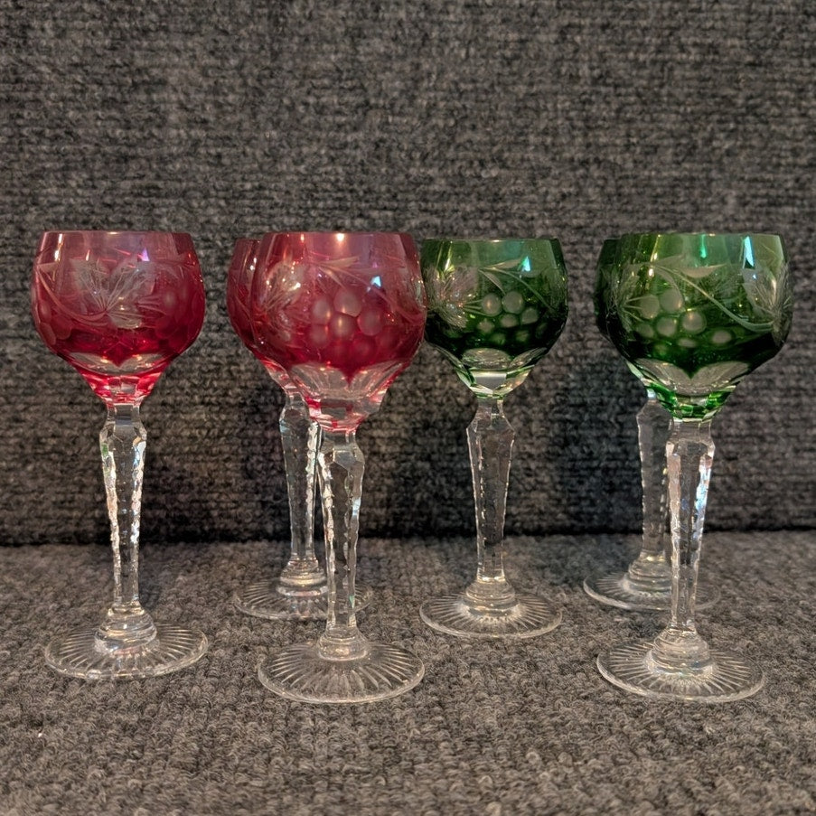 Vtg Czech Bohemian 3 Cranberry & 3 Green Cut to Clear Crystal Cordials Set of 6