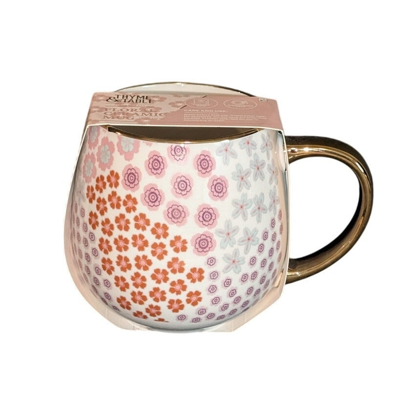 NWT Thyme & Table Pink Floral Ceramic 18 oz. Gold Trim Coffee Tea Mug