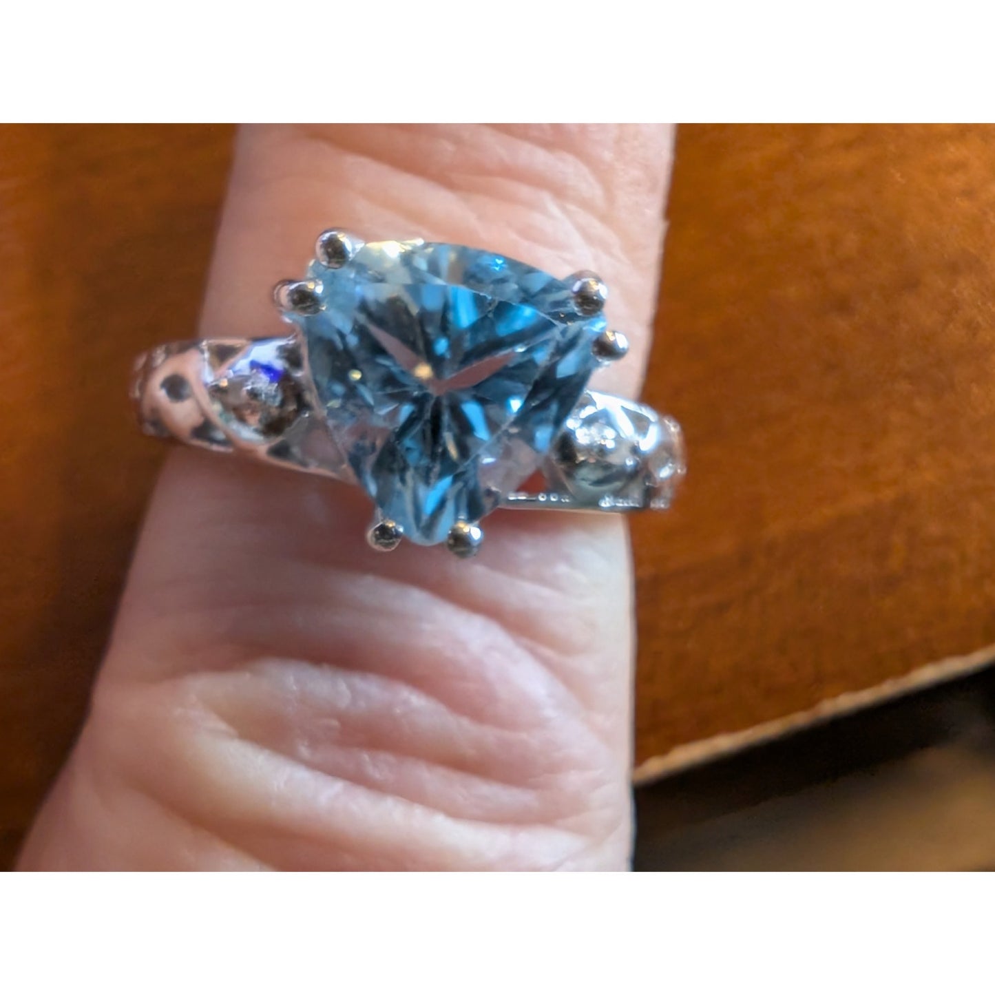 925 Sterling Silver Trillion Cut Blue Topaz & Diamond Ring Size 6.5