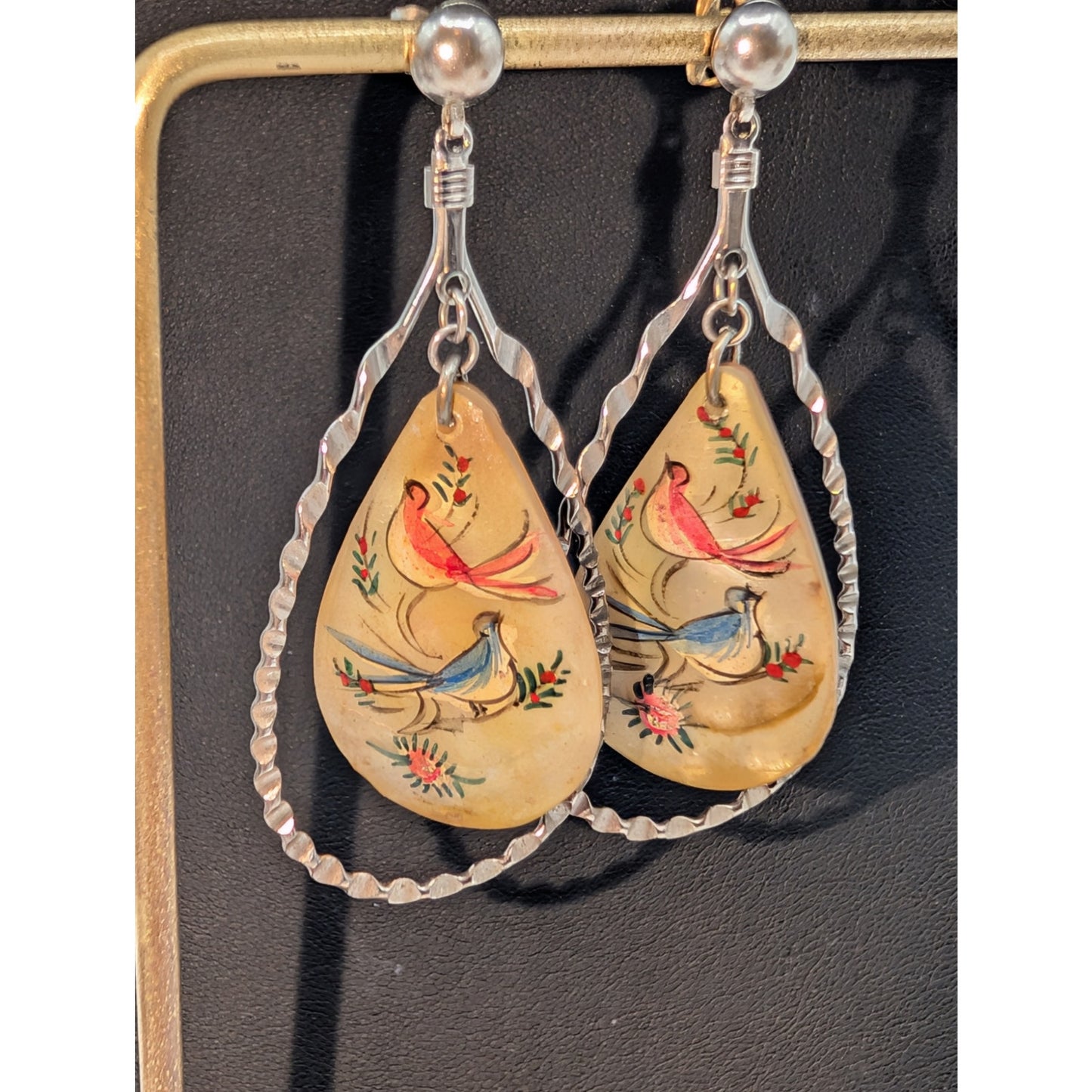 Vtg Middle Eastern Persian MOP Hand-Painted Two-Sided Bird Dangle/Drop Earrings
