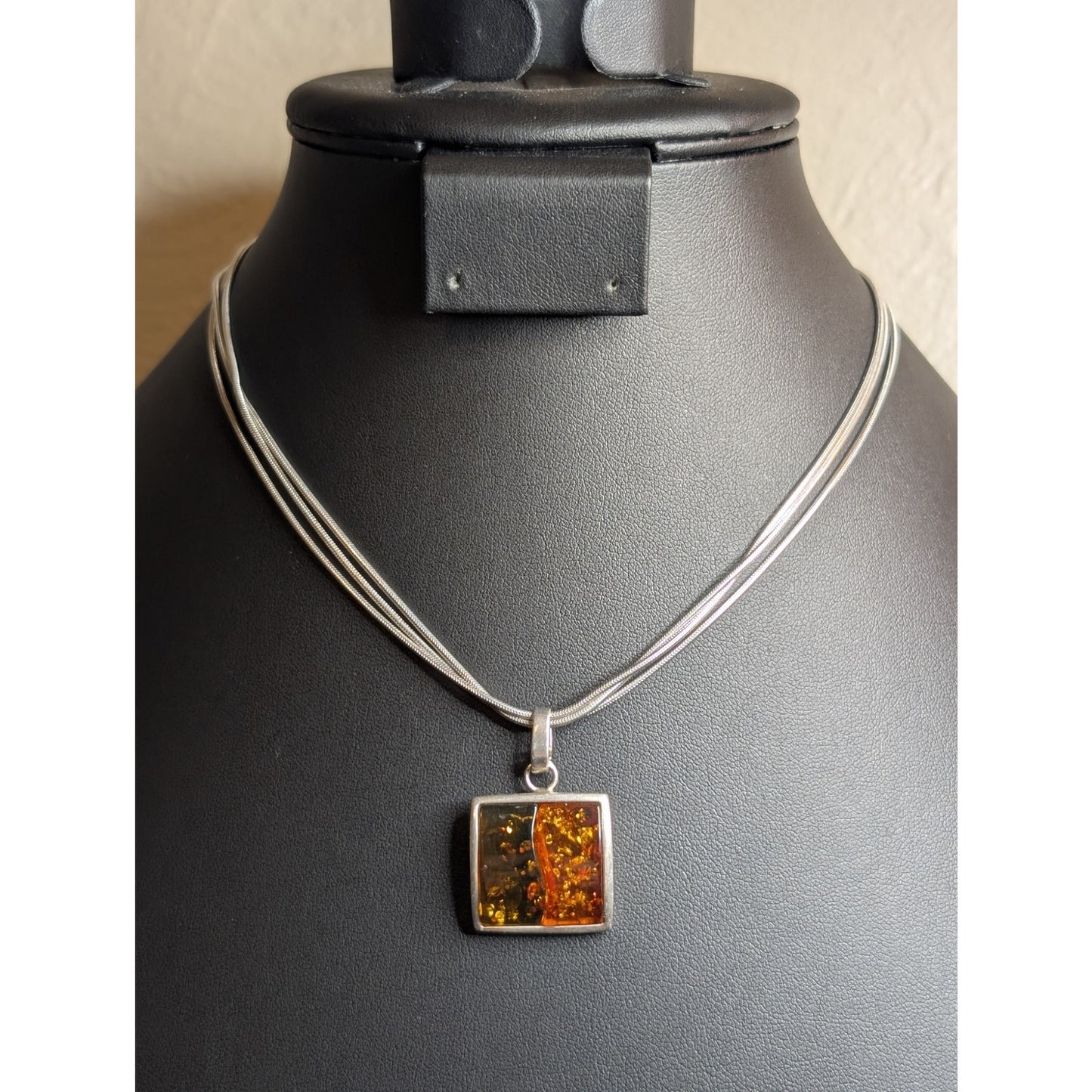 925 Italy Sterling Triple Snake Chain Two Color Amber Modernist Pendant Necklace