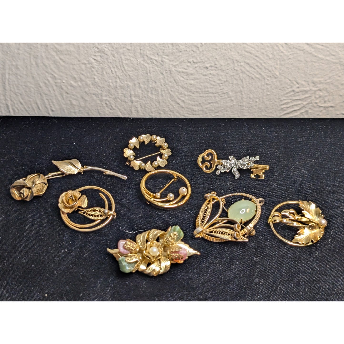 Lot of Eight Vintage Gold Tone Themed Brooches