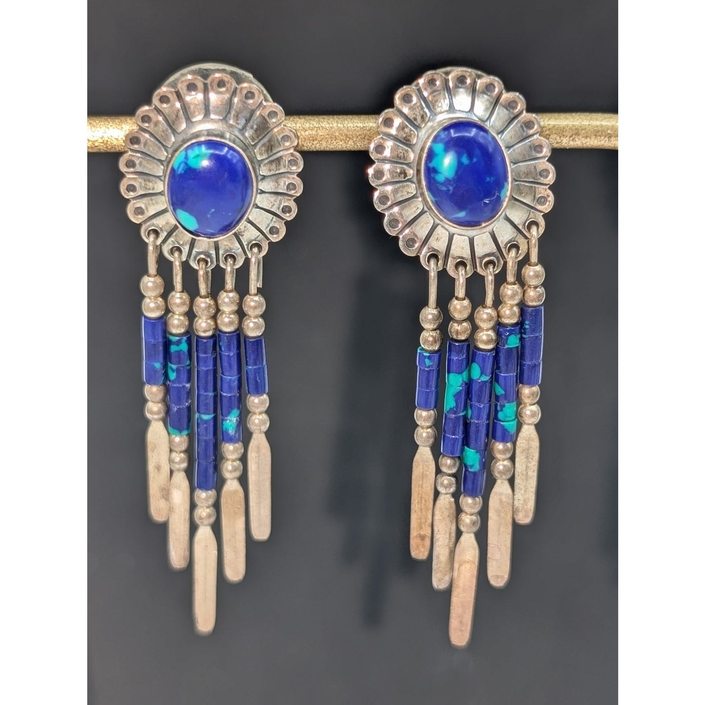 Vintage QT Sterling Native American Azurite Dangle Post Earrings