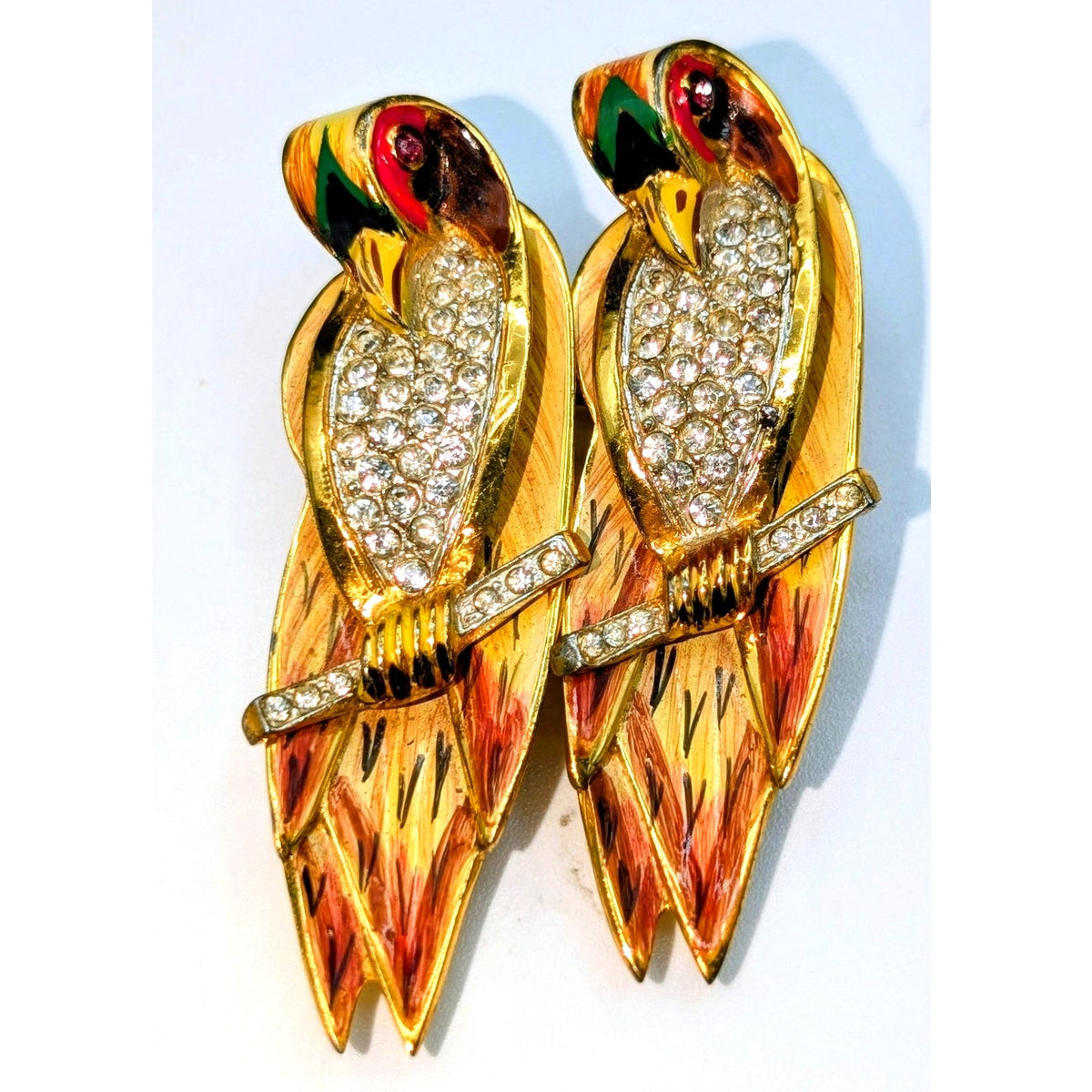 Corocraft Vtg Sterling Gold Pave Enamel Love Birds on Branch Duet Pins/Fur Clip