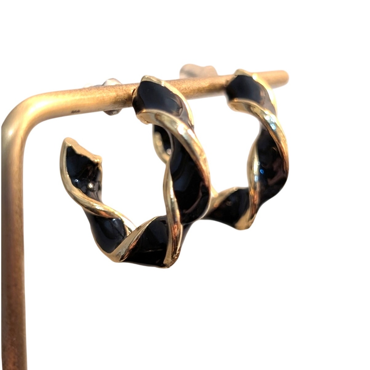 Vintage Gold Tone Navy/Black Enamel Twisted Half Hoop Post Earrings