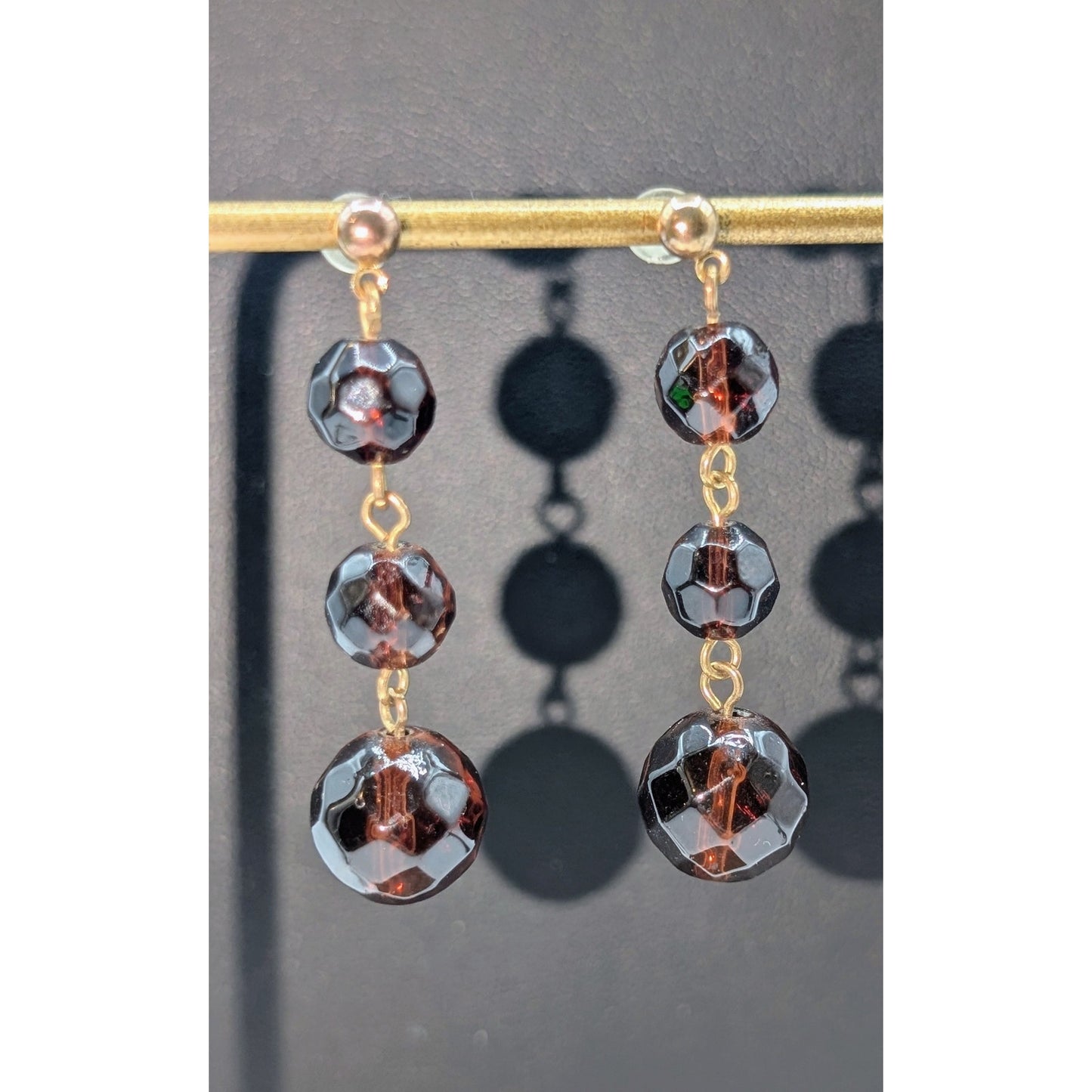 Vintage Gold Tone Faceted Three Brown Glass Bead Dangle Earrings