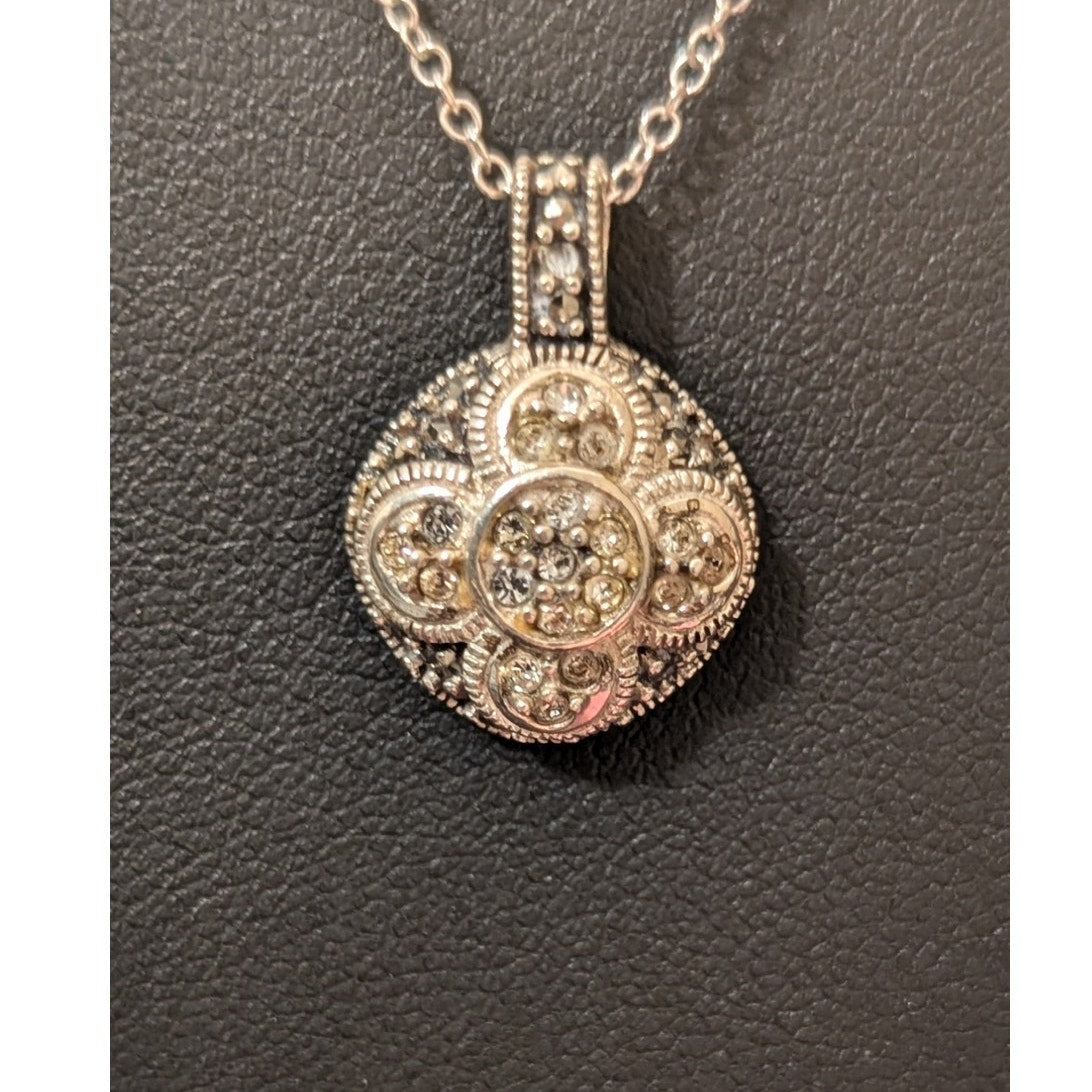 Vintage Sterling Floral Sparkly Crystal Two Tone Pendant 18" Necklace