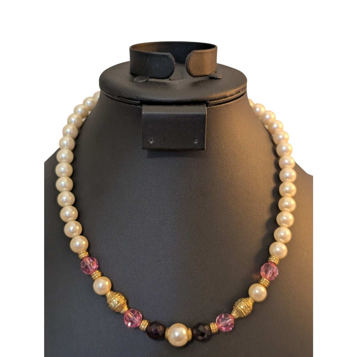 1928 Faux Pearl Purple Pink Gold Bead 17"-19.5" Necklace