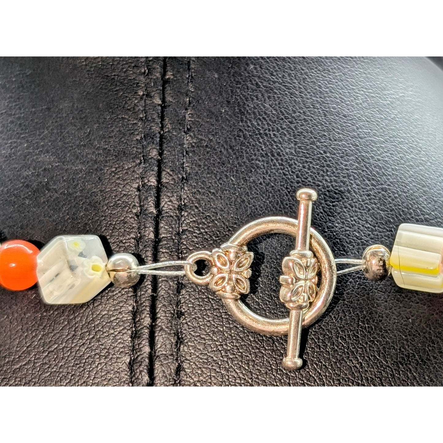 Orange Cat Eye Round & Clear Yellow Daisy Square Bead Toggle Clasp 25" Necklace