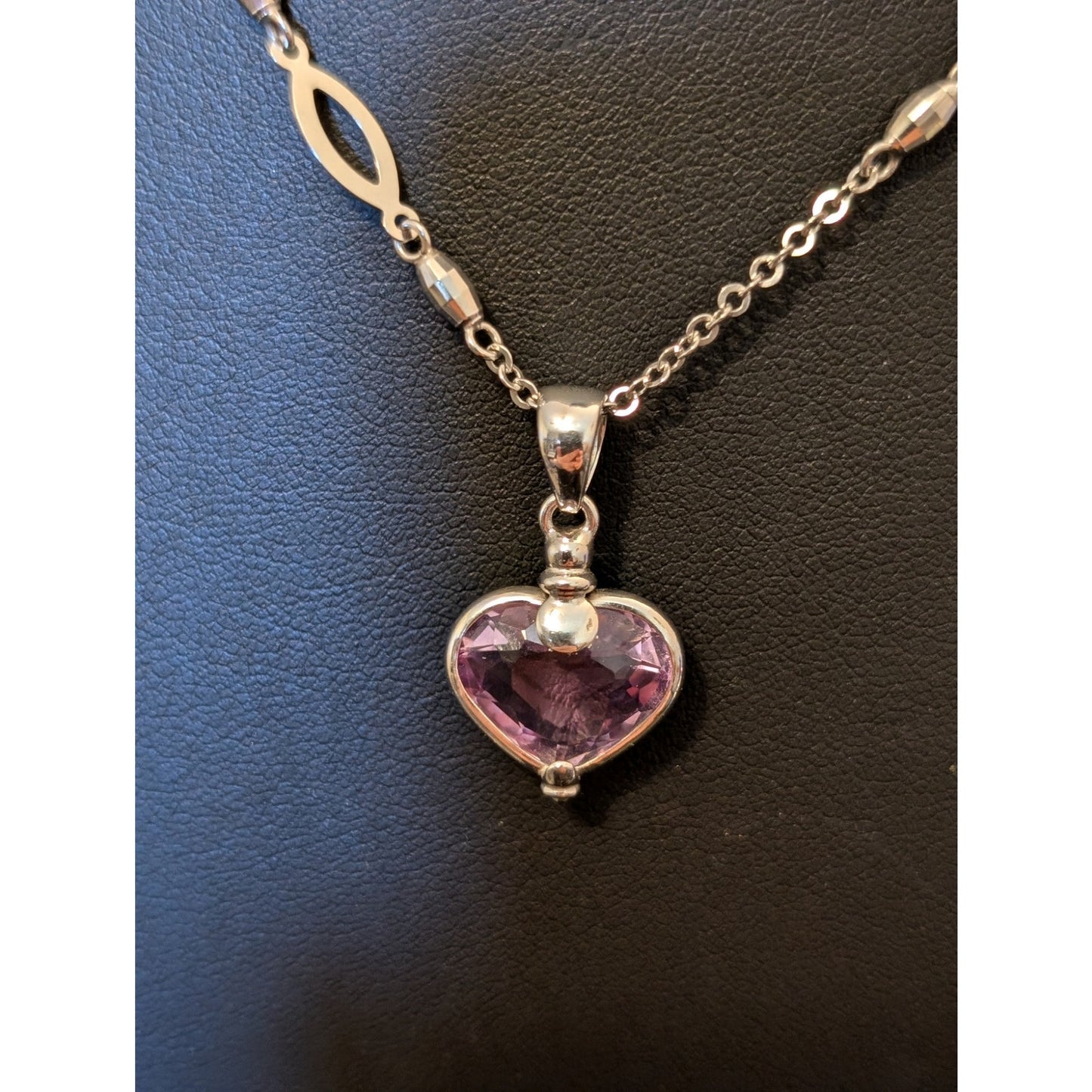 14Kt White Gold Amethyst Heart Pendant Fancy Chain 17" Necklace