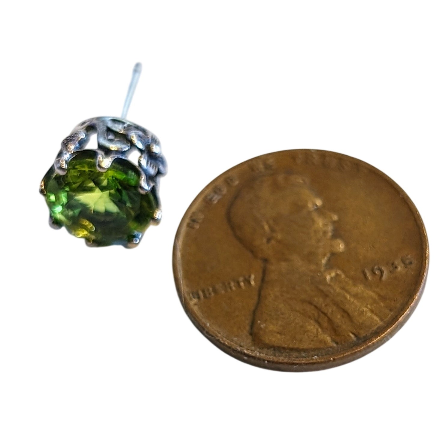 Green Crystal Studs in Fancy Floral Silver Tone Setting