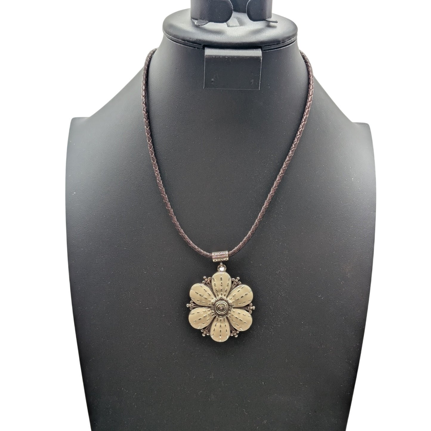 Brighton Rare "Safari Flower" Enamel Pendant Brown Leather 17"-19" Necklace