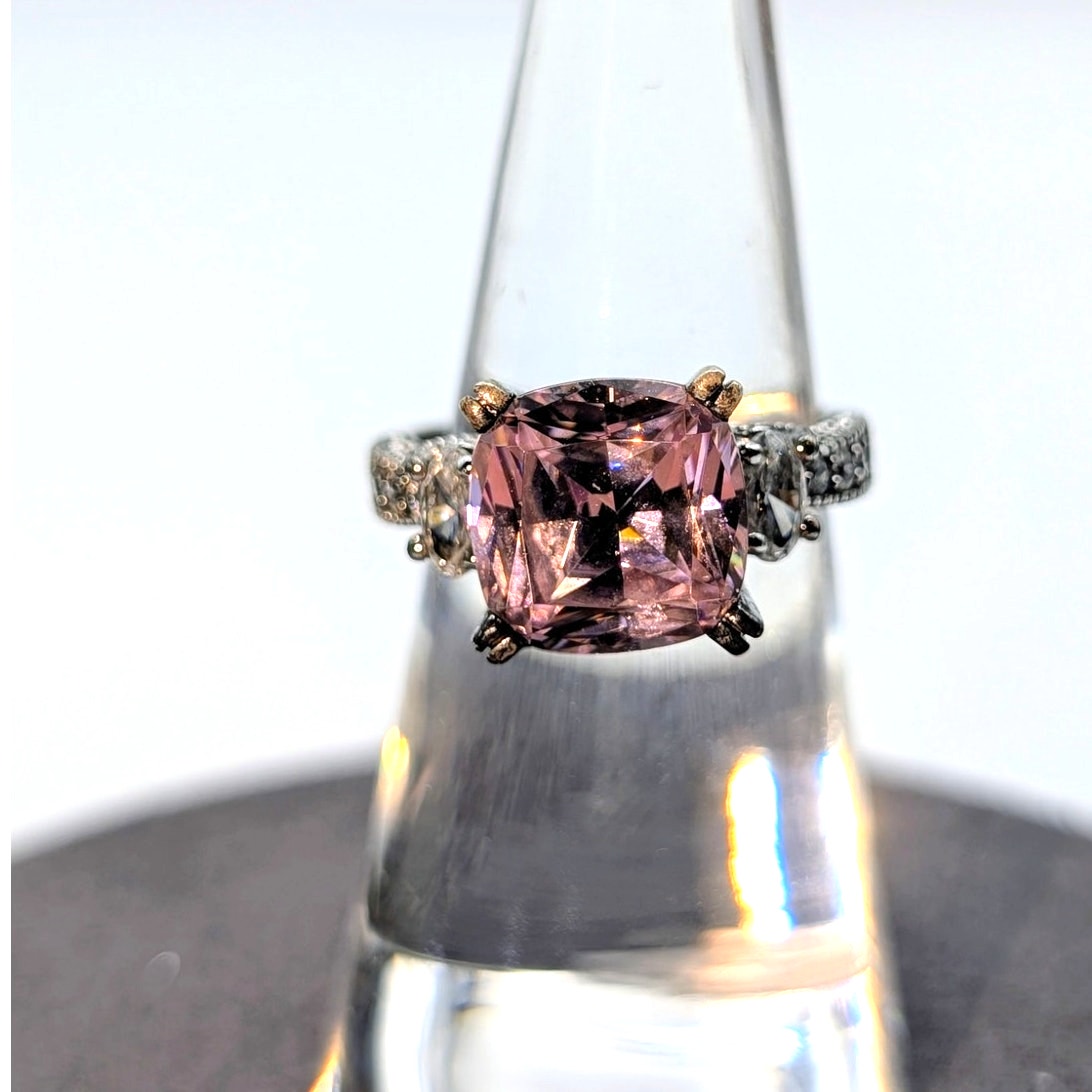 925 Sterling Silver Pink Multi Faceted Cushion Cut & CZ Ring Size 5.75