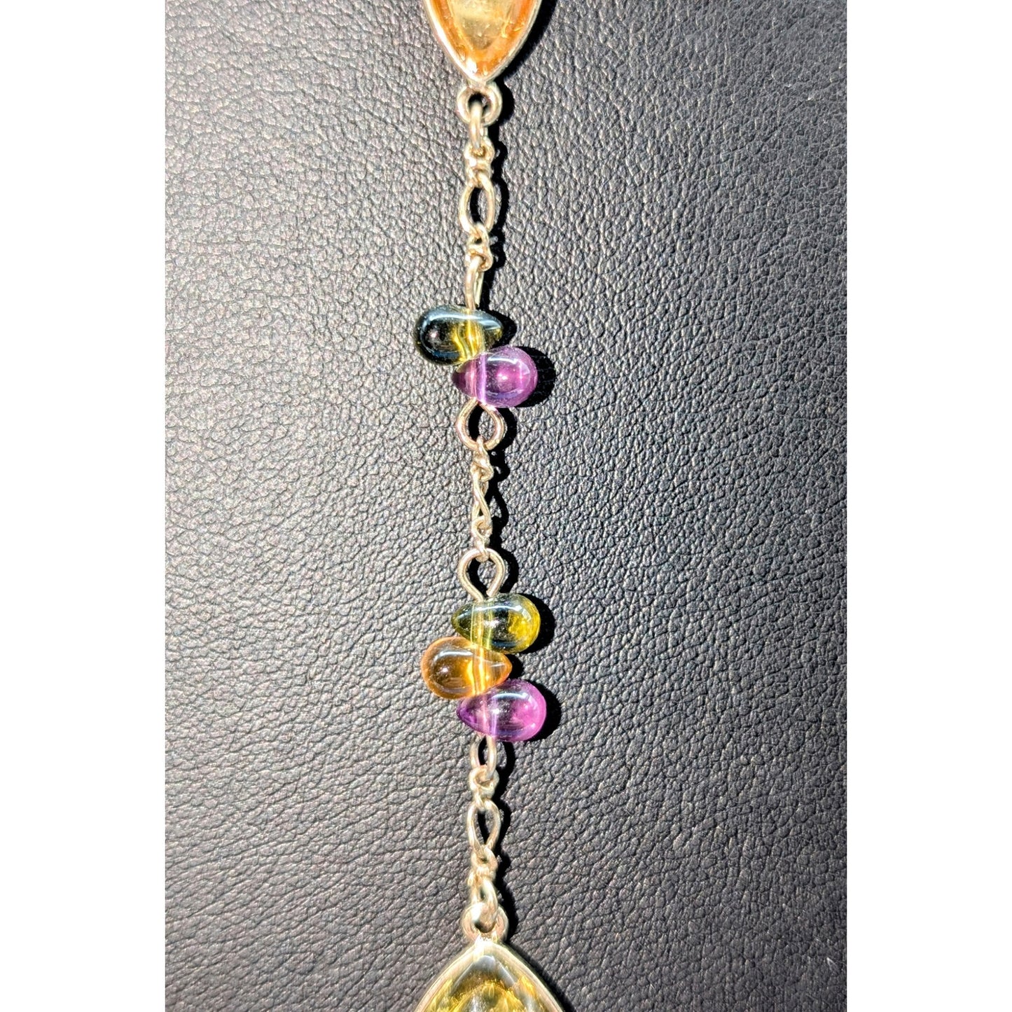 Gold Tone Purple Green Gold Glass Teardrop Bead Y Dangle 16.5" Necklace