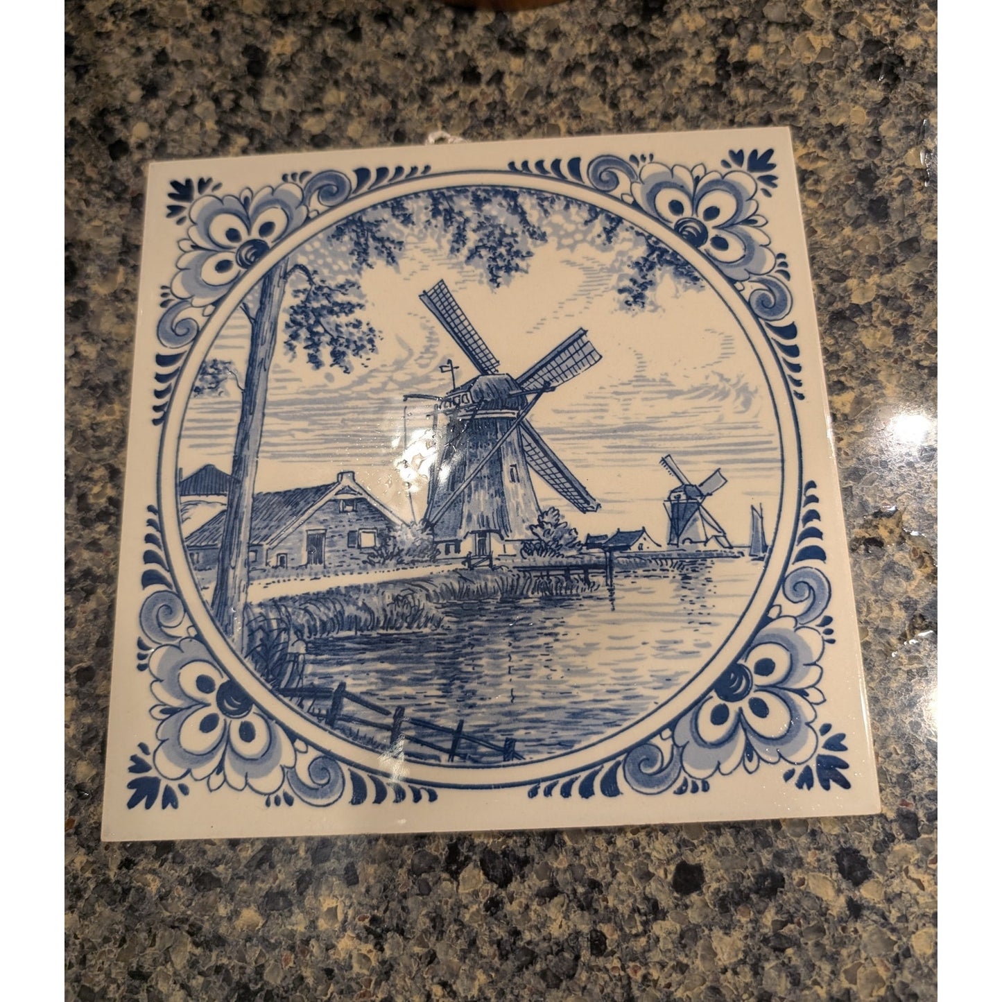 Vintage Signed Delft Hand Painted Windmill Scene Porcelain Tile W/ Cotton Hook