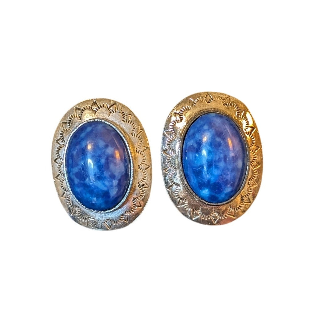Vintage Costume Silver Tone Large Blue Cabochon Clip On Earrings