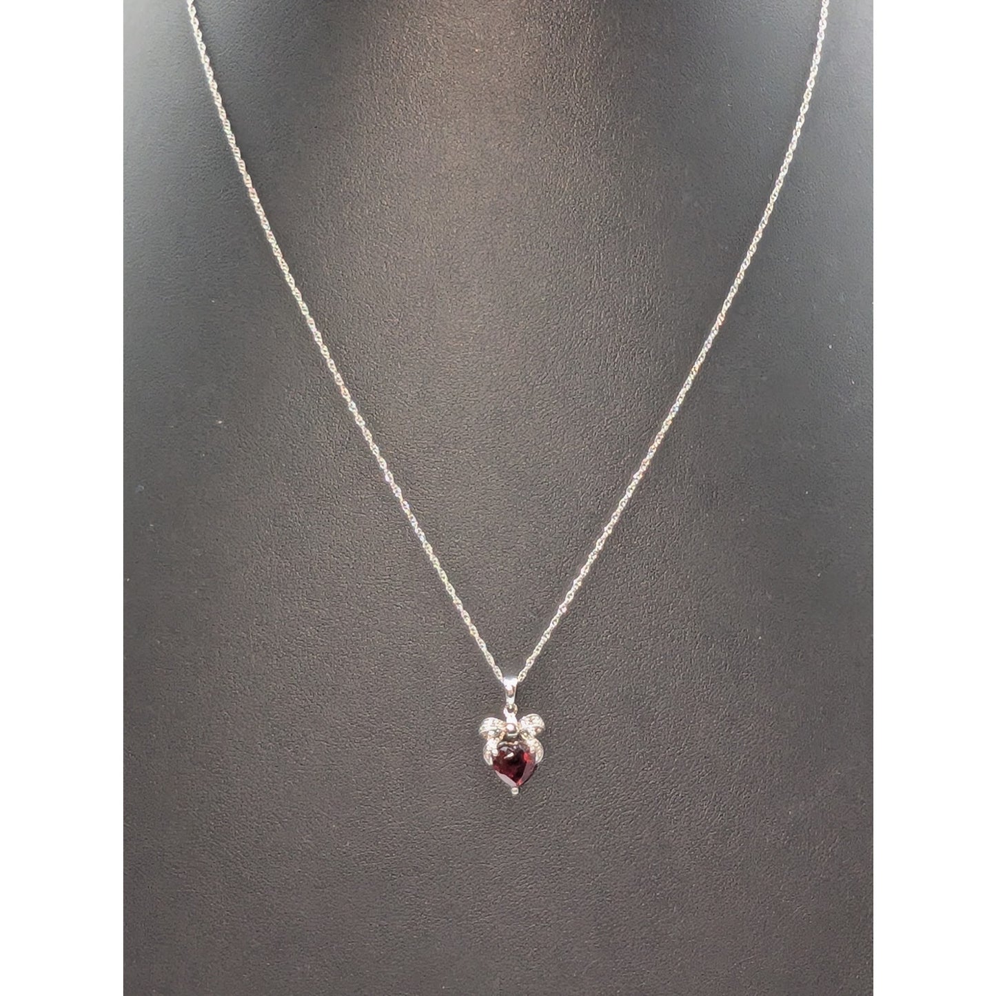 925 Sterling Silver Garnet Heart Bow Two Diamond Pendant 18.25" Necklace