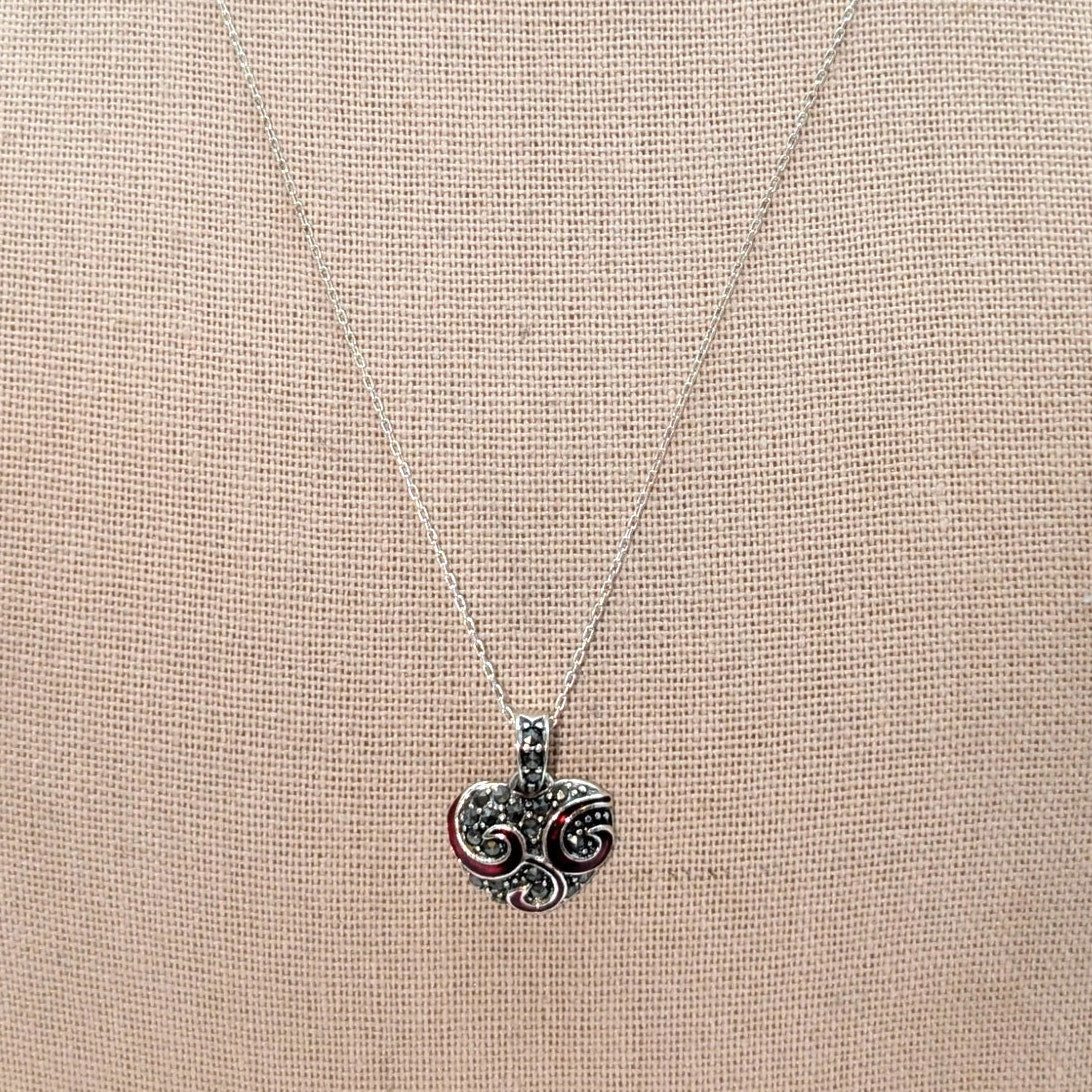 925 Sterling Silver Red Enamel Swirl Marcasite Heart Pendant Necklace