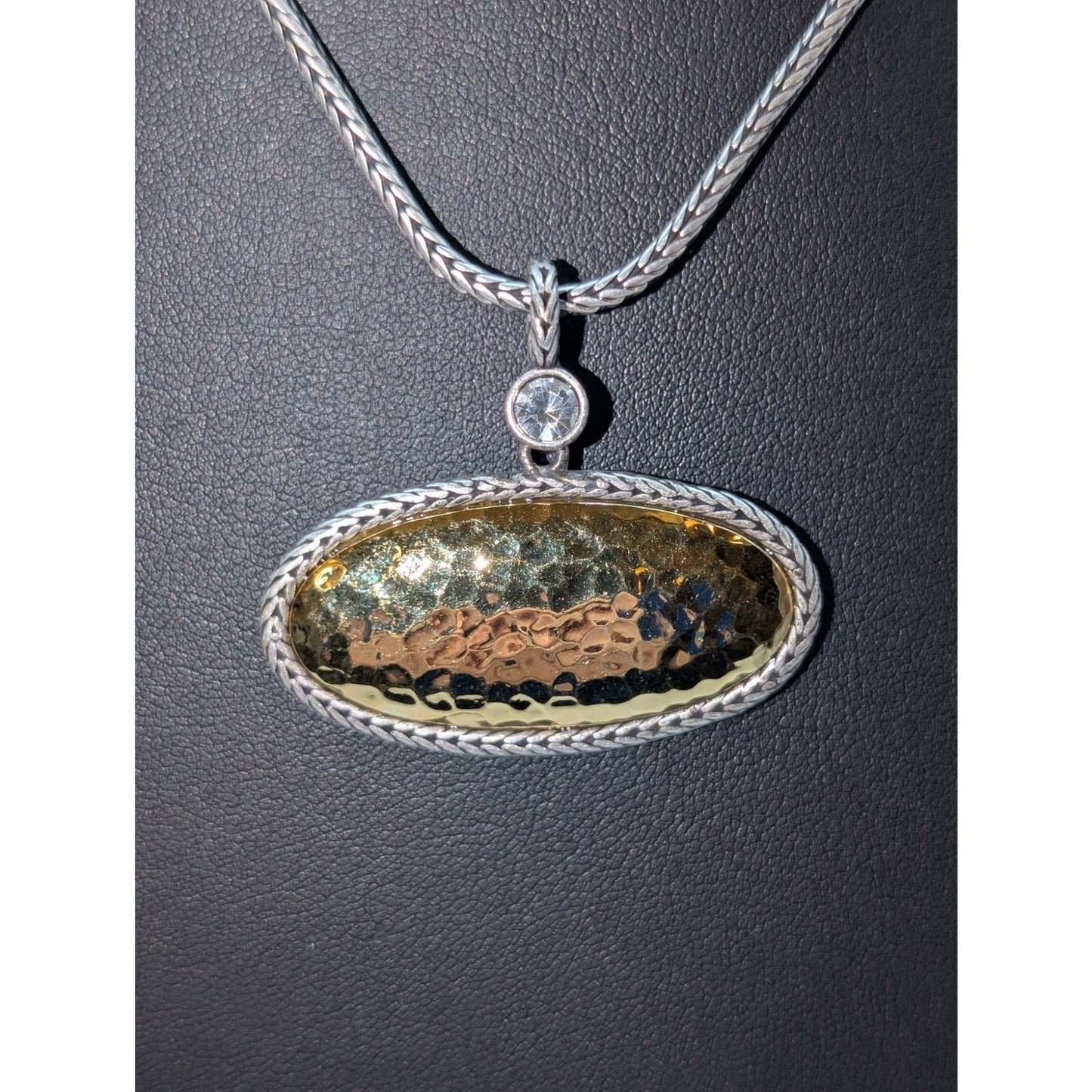 Premier Designs Two Tone Hammered Pendant CZ Wheat Chain 16.5"-18"Necklace