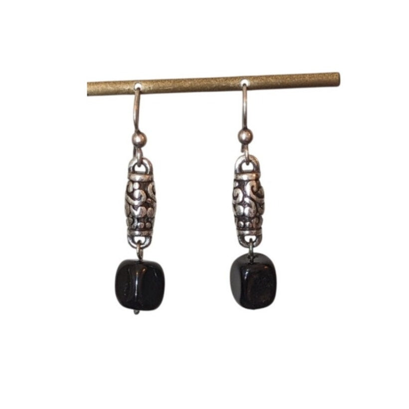 Black Square Gemstone & Silver Tone Deco Lace Elongated Bead Dangle Earrings
