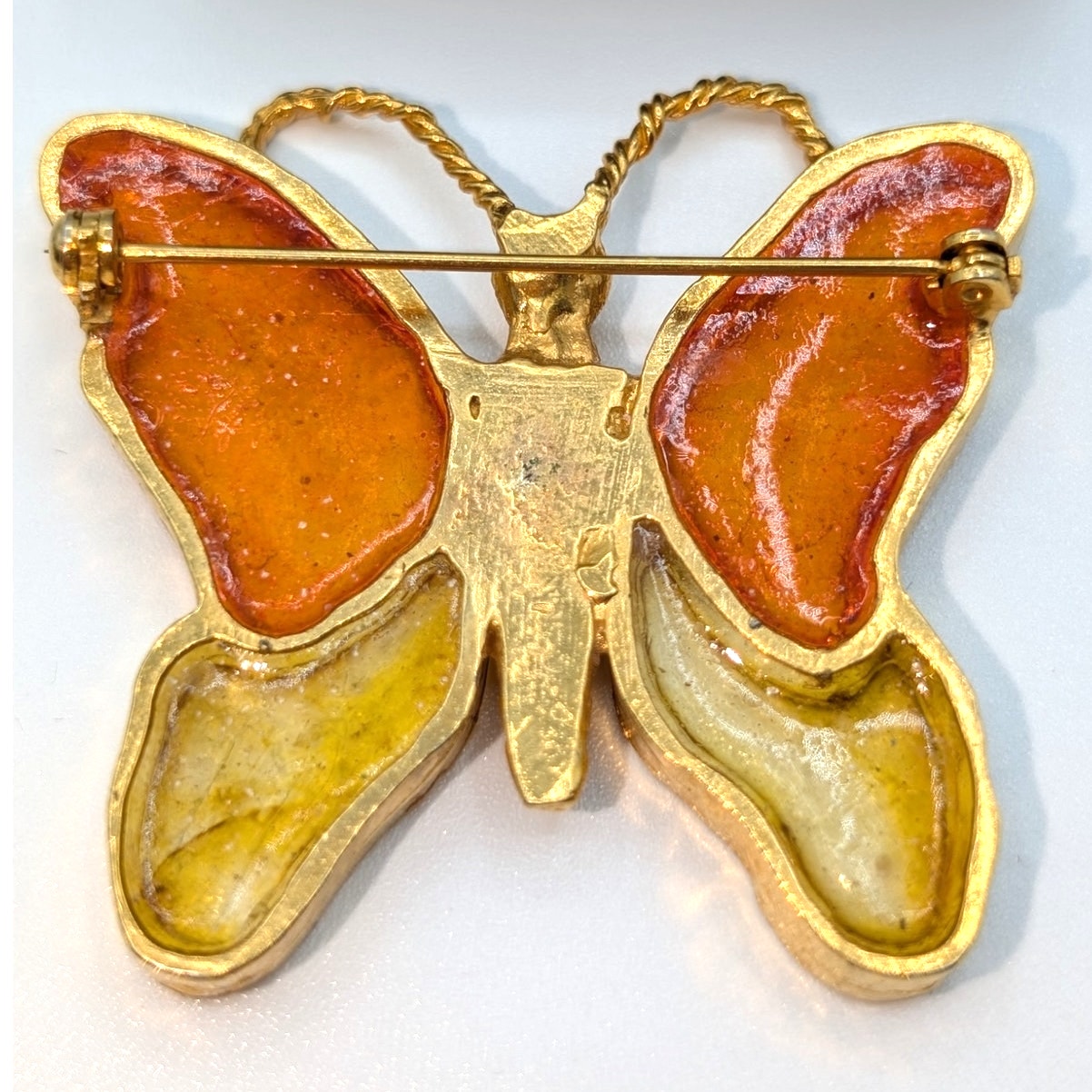 VTG Signed Mr. WE Stained Glass Resin Orange Yellow Gold Tone Butterfly Brooch