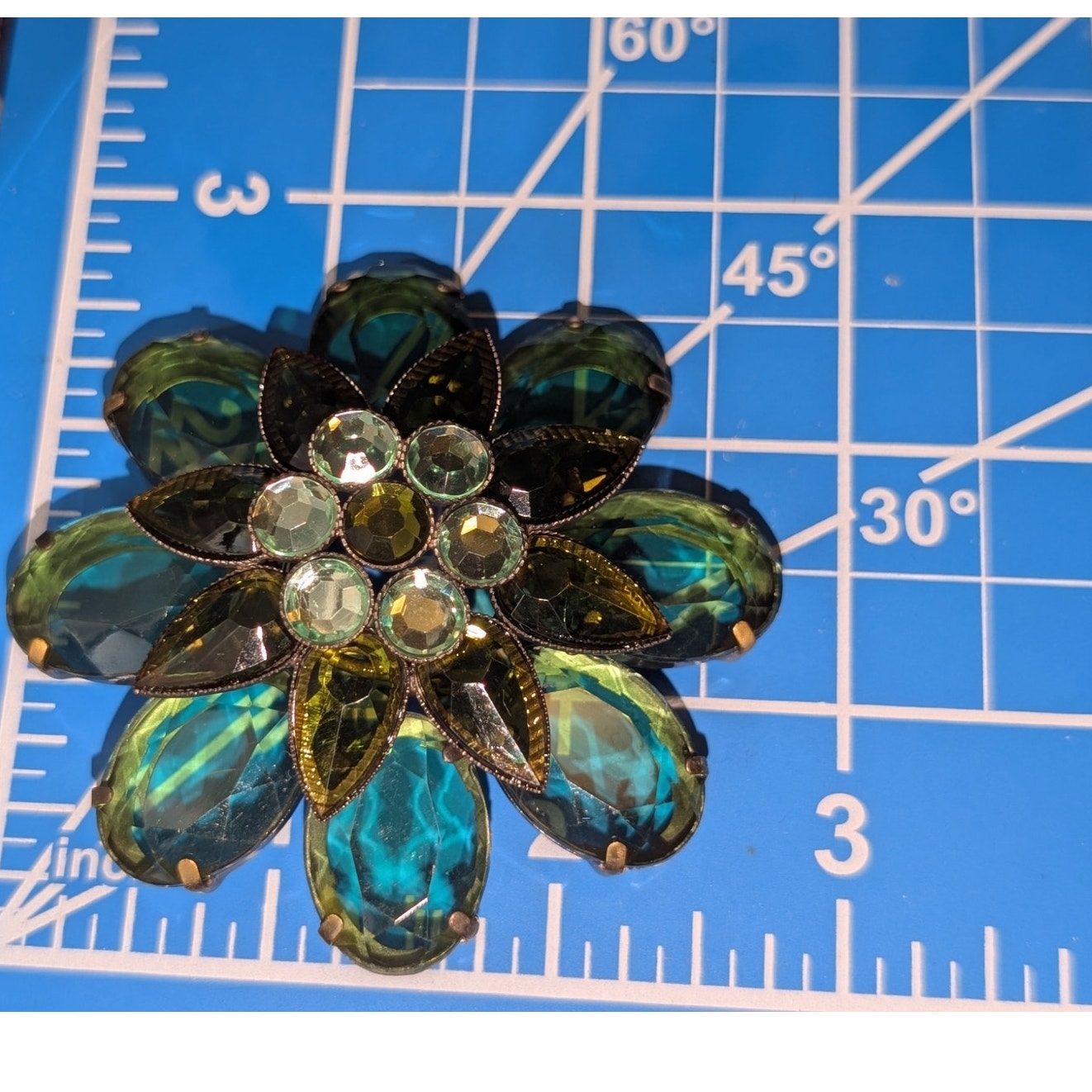 Vintage Green Flower Rhinestone Domed Bronze Metal Brooch