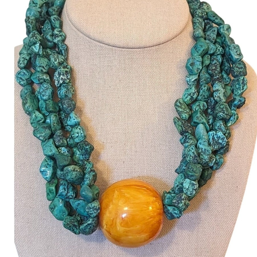 Blue Green Stone Five Strand Butterscotch Ball Bead Necklace W/ Hook Clasp