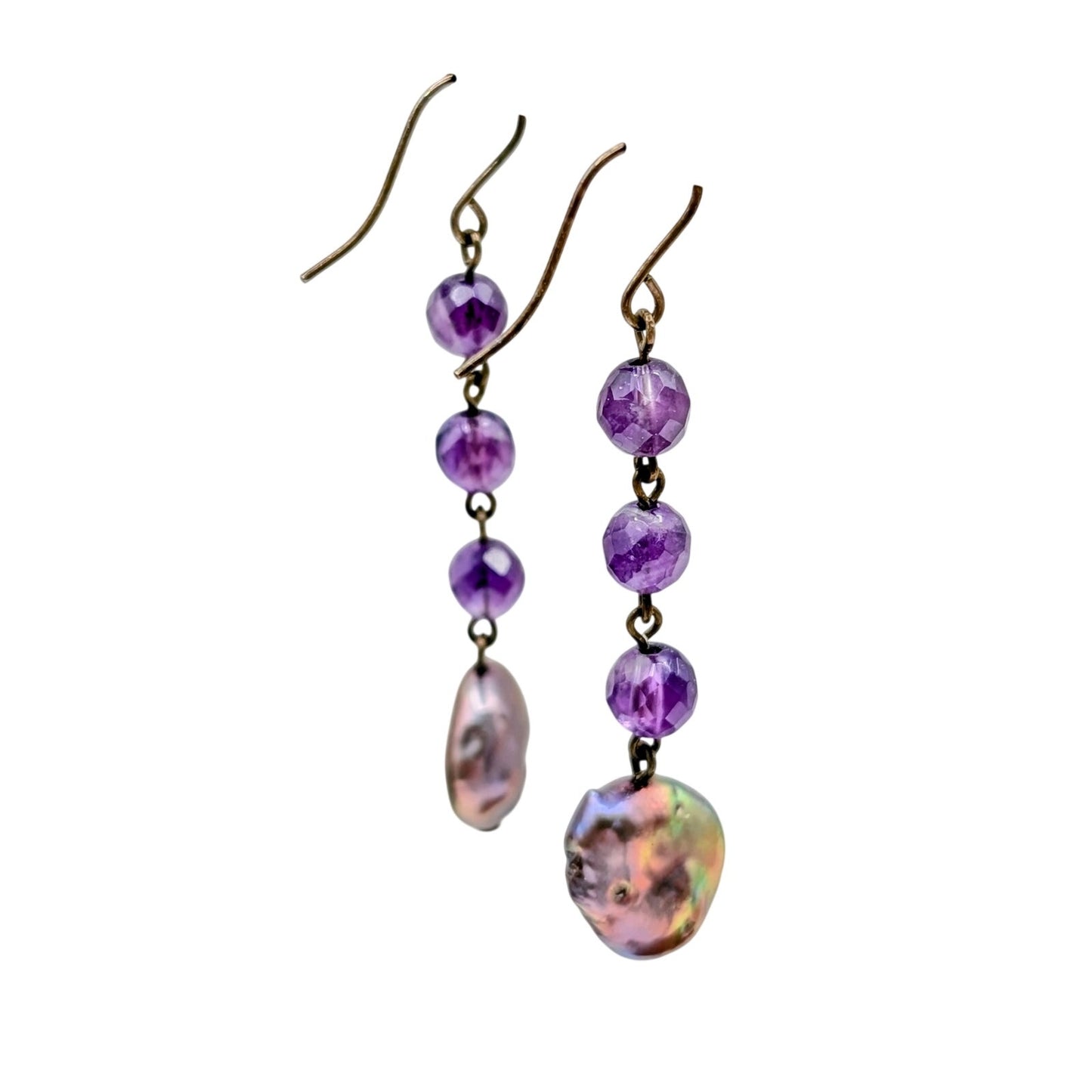 Vtg Faceted Amethyst Bead & Multi-Color Freshwater Coin Pearl Dangle Earrings