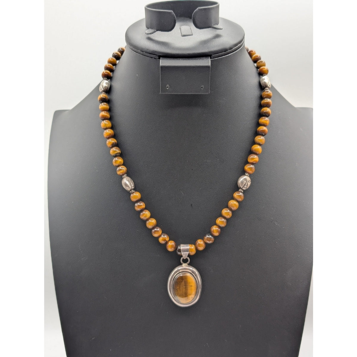 Vtg 925 Sterling Tiger's Eye Beaded Bezel Set Pendant Toggle Clasp 20" Necklace