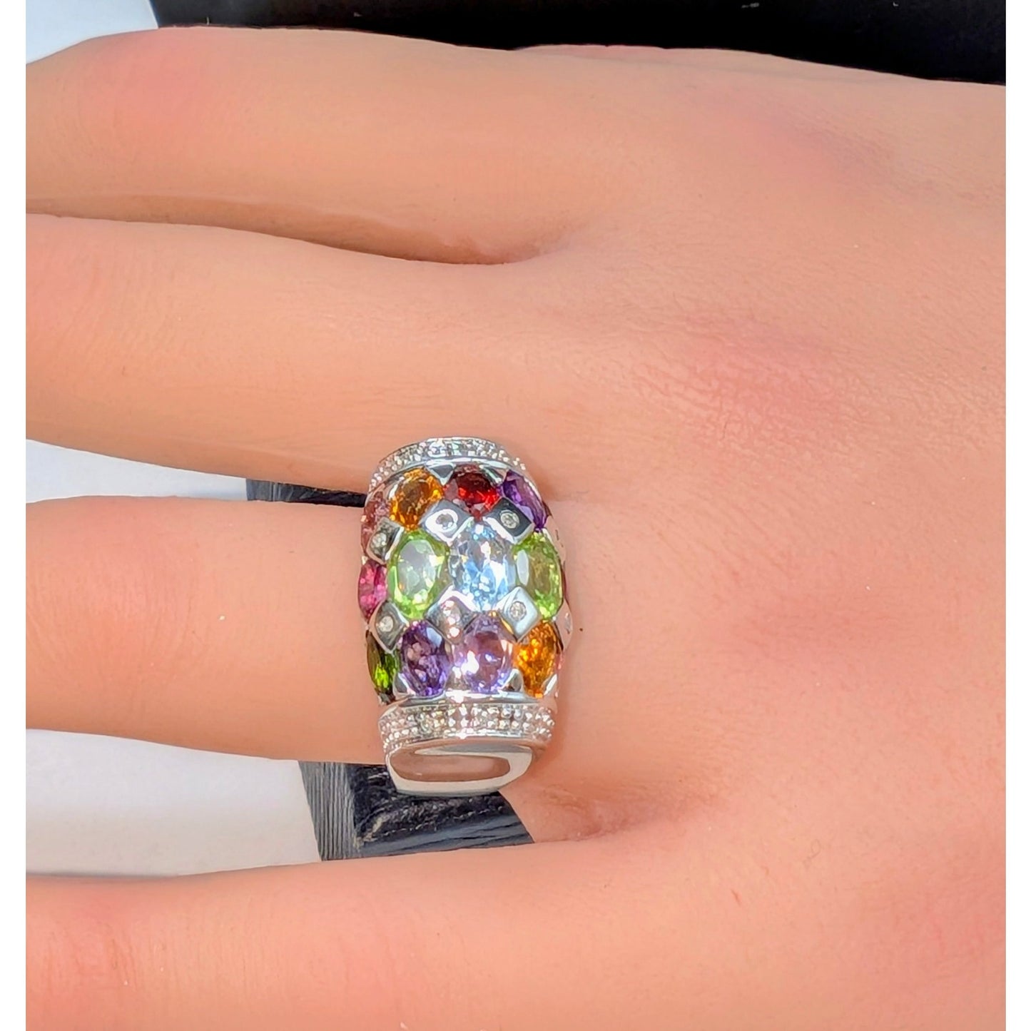 Vintage Stauer Rainbow Tourmaline Diamond 925 Sterling Silver Ring Size 7