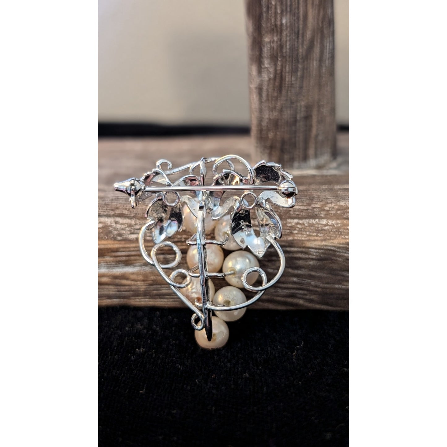 Marked Silver Vintage Seven Cultivated Pearl Grapes on Branch Pendant Brooch