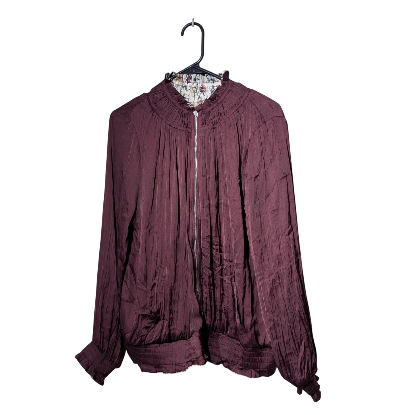 Chico's Reversible Bomber Chic Burgundy & Floral Ruched Ruffled Zip Jacket Sz 3