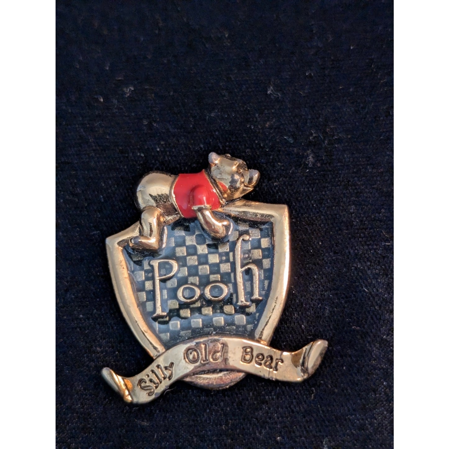 Disney Red Enamel Gold Tone Pooh Bear Silly Old Bear Crest Pin