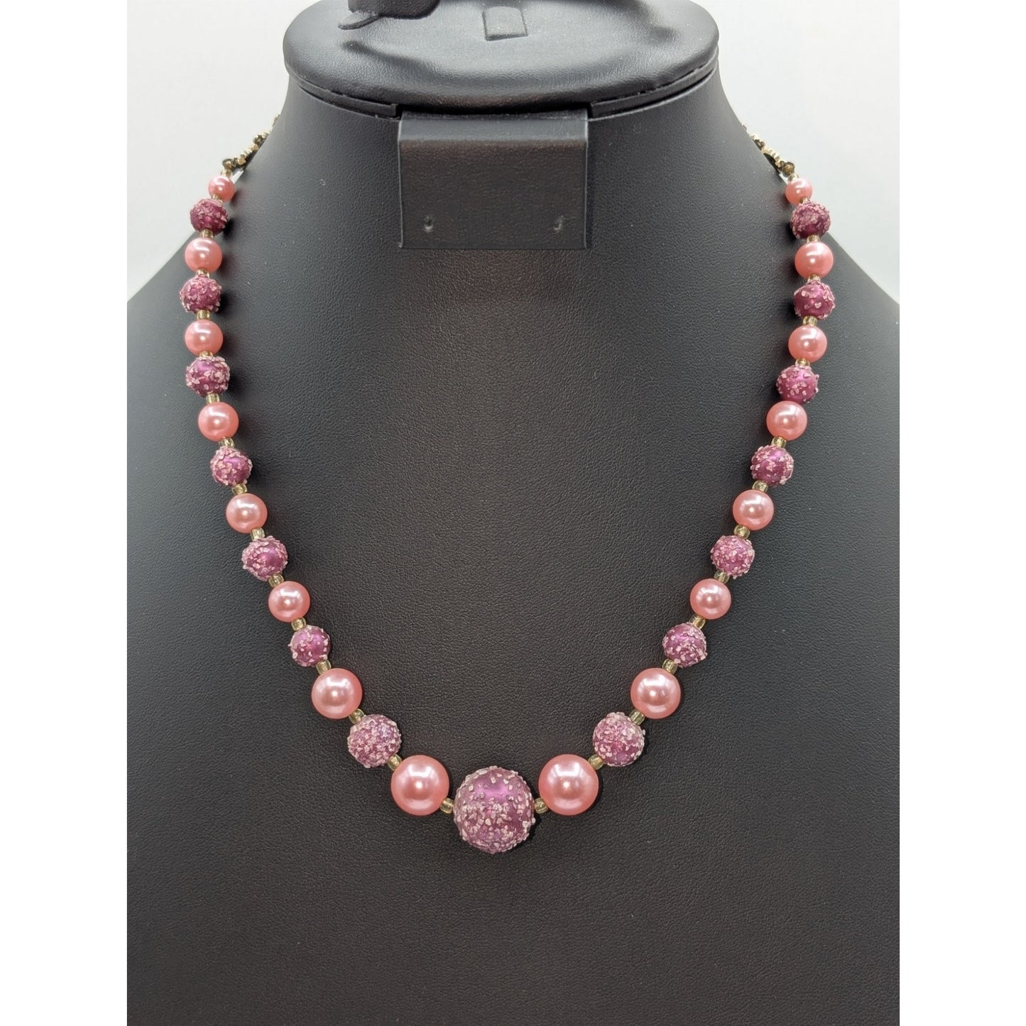 Vintage Pink Faux Pearl Burgundy Textured Bead Hook Clasp 17"-20" Necklace