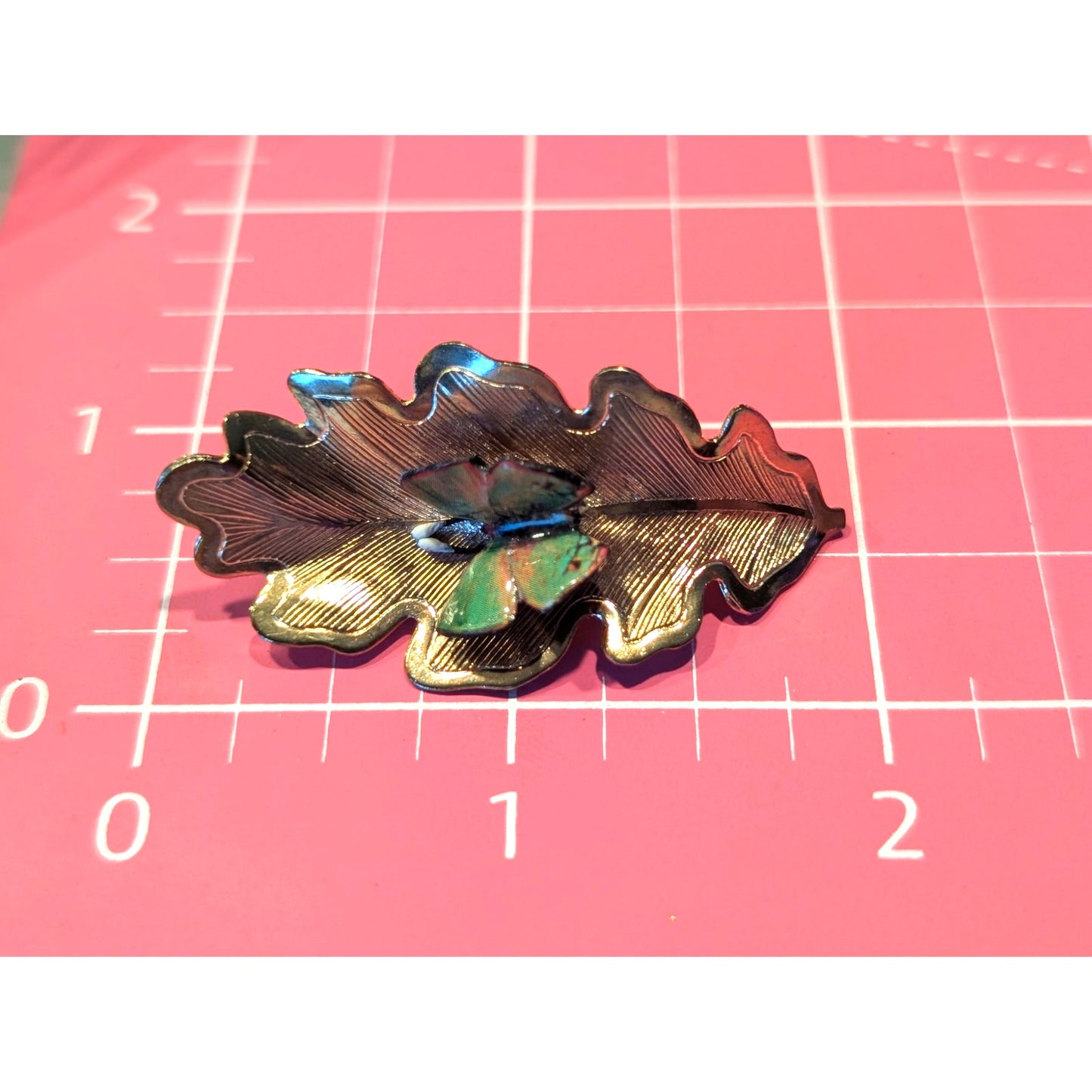Vintage Gold Tone Green Butterfly On Leaf Brooch
