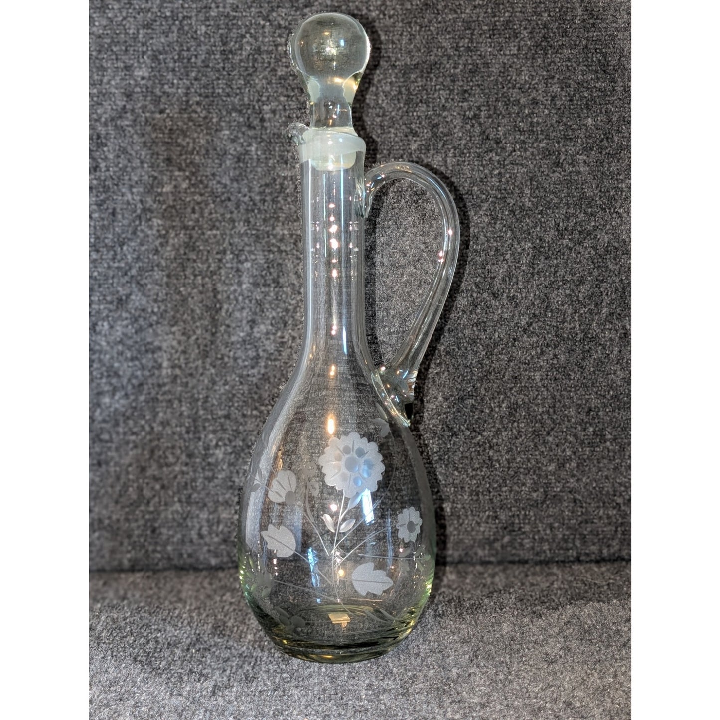 Vintage Made in Peru Floral Etched Glass Tall Decanter W/ Stopper