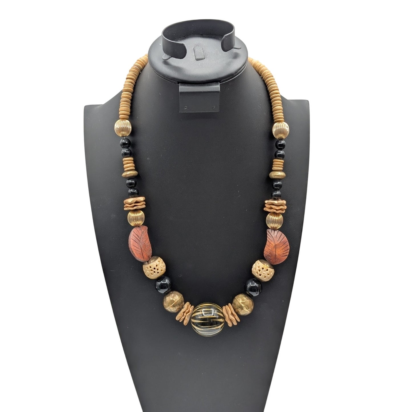 Vtg Tribal Chunky Wood Carved Leaf Multi-Bead 24" Gold Tone Hook Clasp Necklace