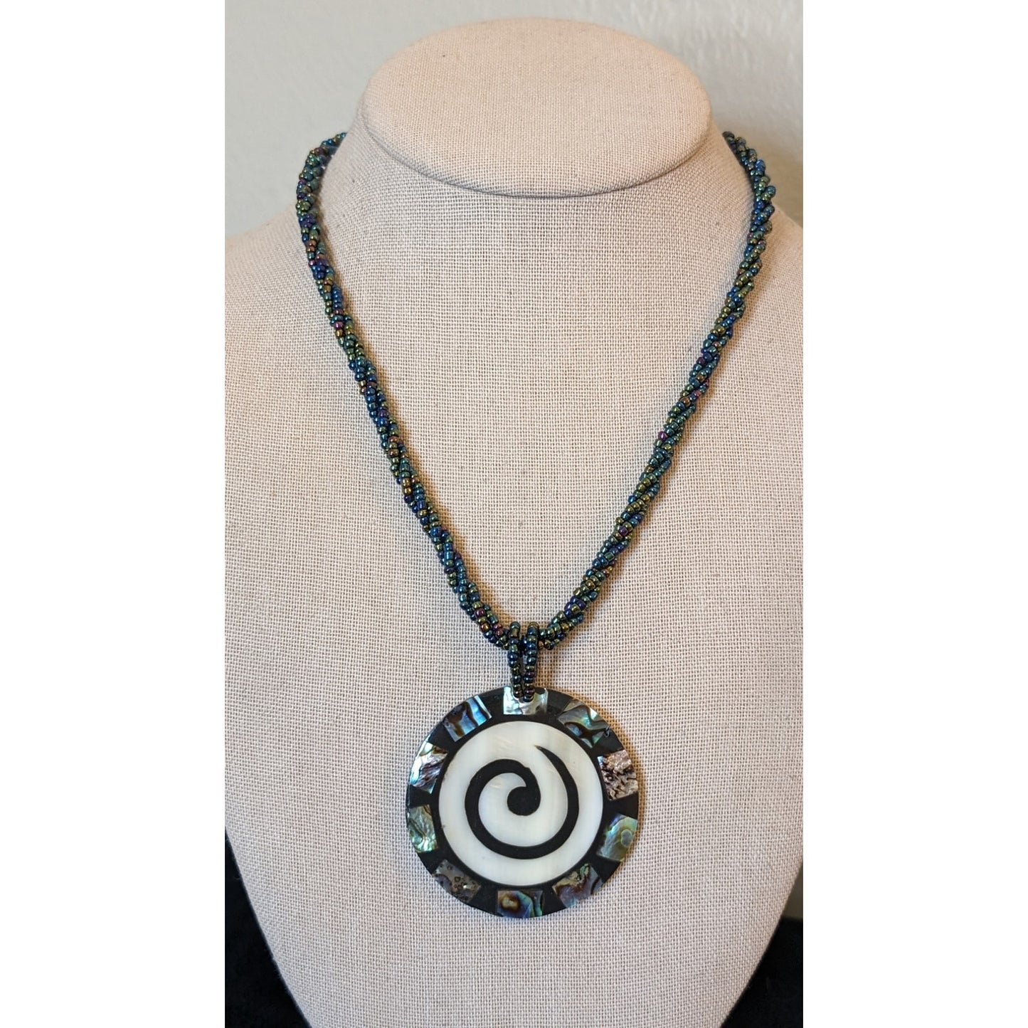 Abalone Shell Seed Bead Twisted Strand Button Clasp Necklace