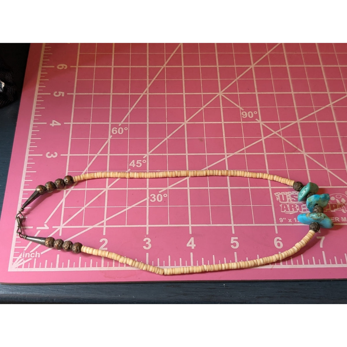 Vintage Heishi Shell Three Turquoise Stone Southwestern Hook Clasp 16" Necklace