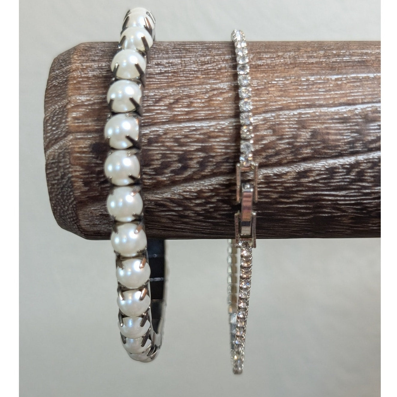 Lot of Two Silver Tone Rhinestone Fold Over Clasp & Faux Pearl Stretch Bracelets