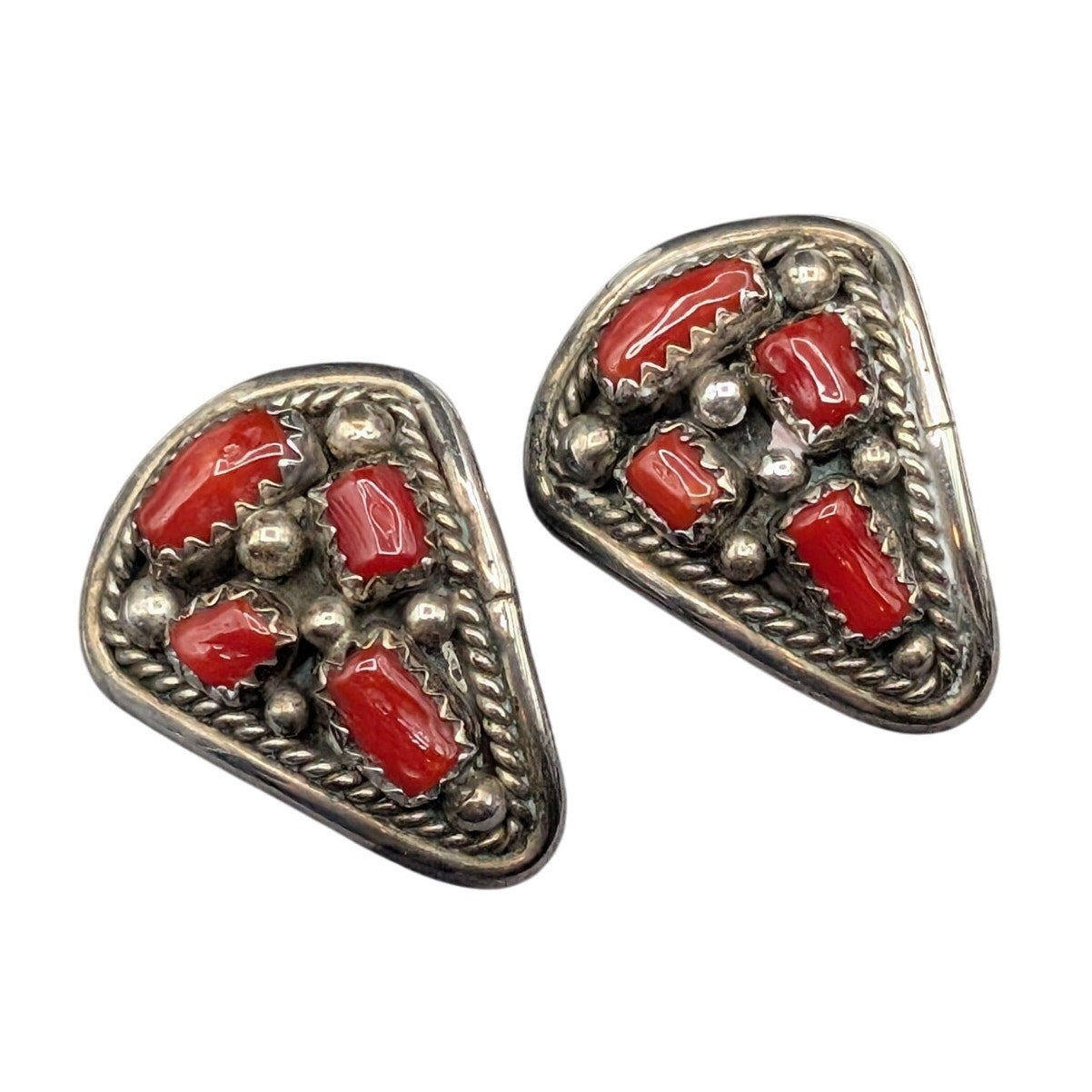 Vtg Hand-Written 'Z' 925 Sterling Silver Coral Southwestern Clip On Earrings