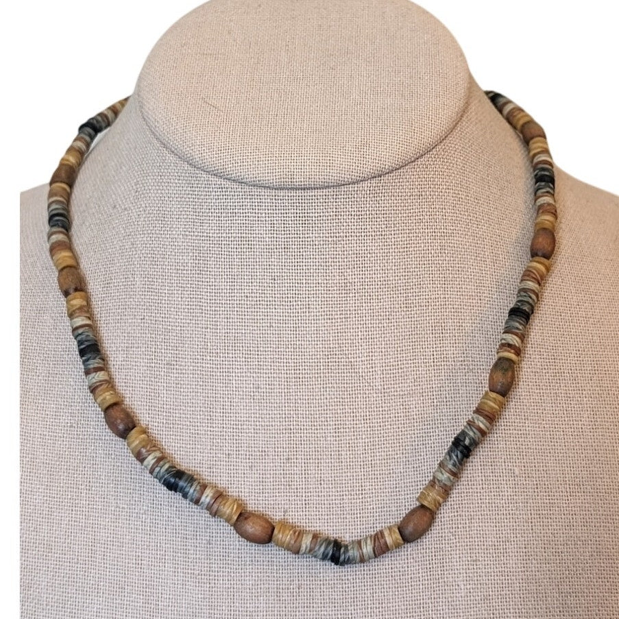 Neutral Gray Brown Tan Marbled Resin Heishi & Wood Bead 17.5" Necklace