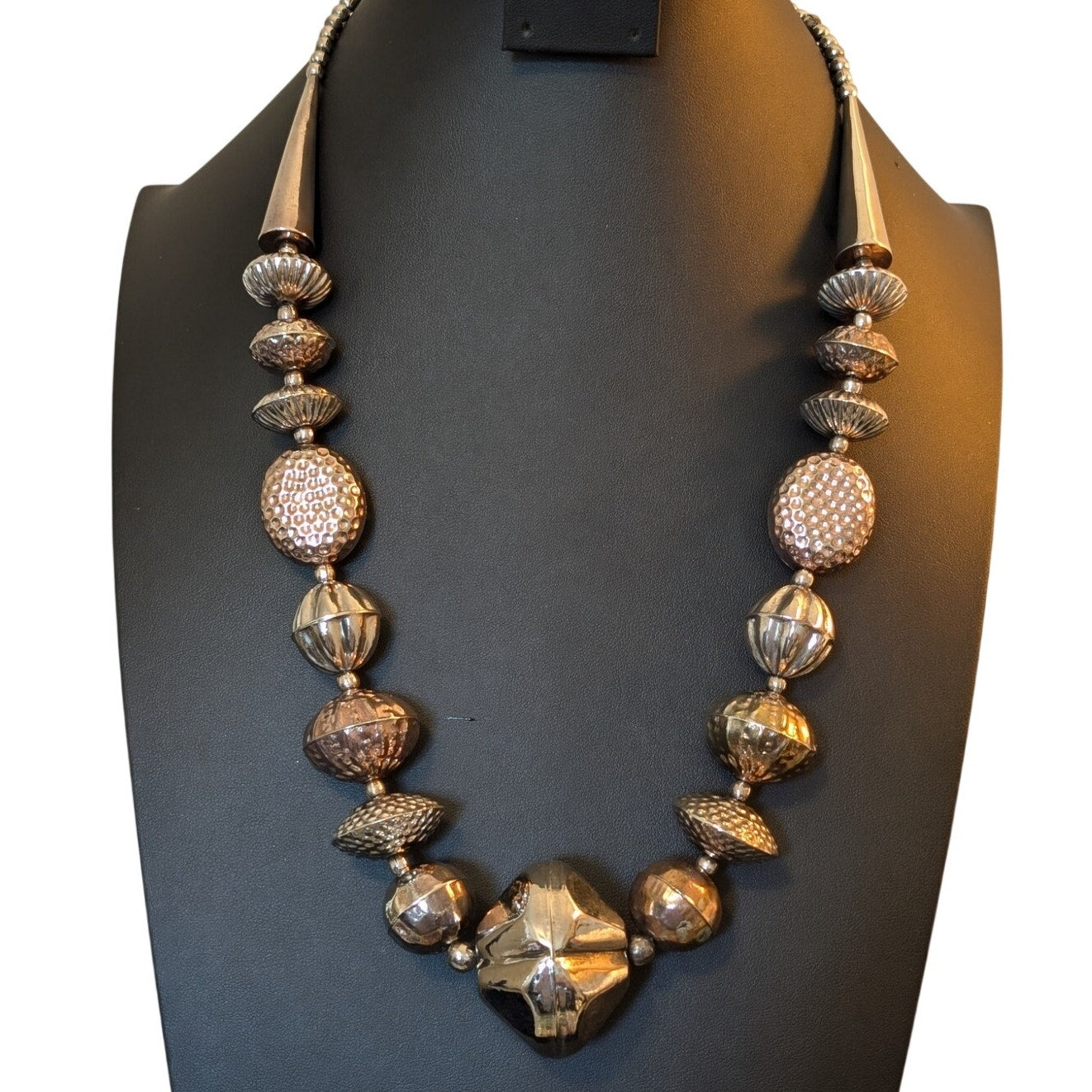 Vintage Chunky Tribal Multi-Tone Multi-Shape Metal Beaded Lightweight Necklace
