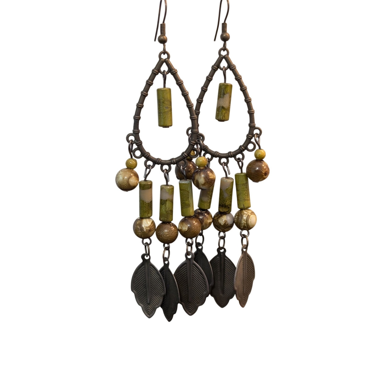 Vintage Boho Green Bead Leaf Dangle Antique Metal Earrings