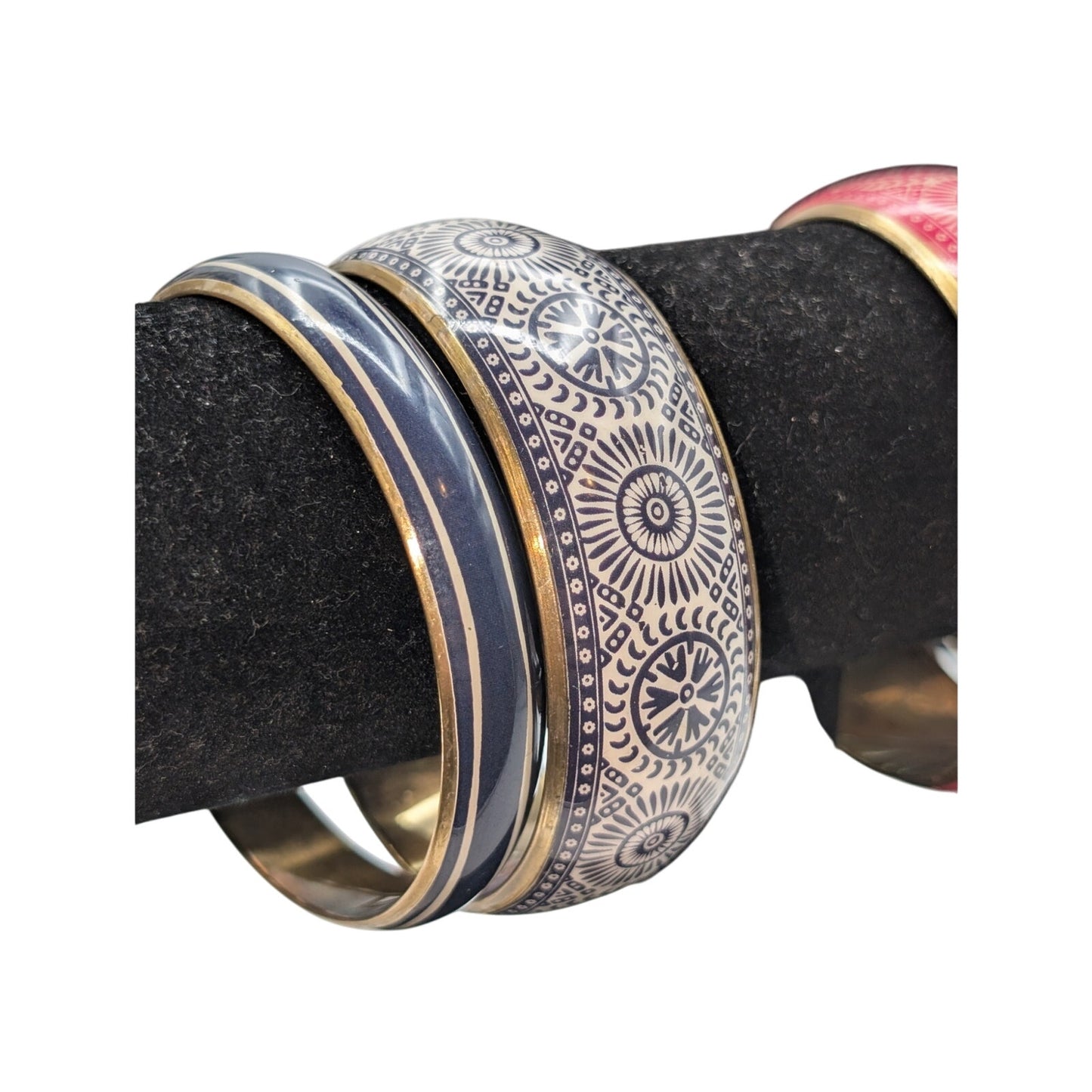 Lot of Six Pink Blue Gold Tone Batik Design & Coordinating Bracelets